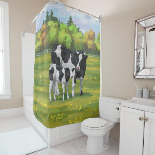 Holstein Cow & Cute Calf in Summer Pasture Shower Curtain