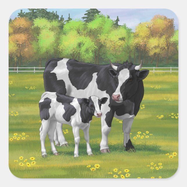 Holstein Cow & Cute Calf in Summer Pasture Square Sticker (Front)