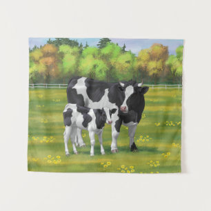 Holstein Cow & Cute Calf in Summer Pasture Tapestry