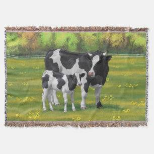 Holstein Cow & Cute Calf in Summer Pasture Throw Blanket