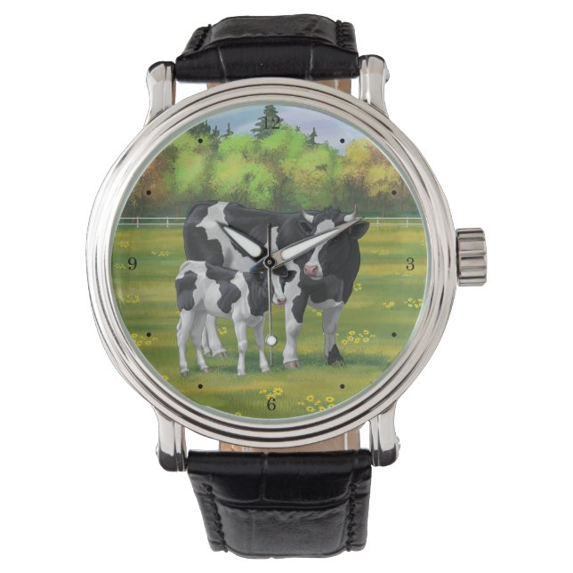 Holstein Cow & Cute Calf in Summer Pasture Watch (Front)