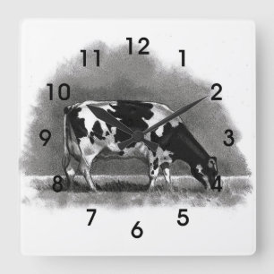 Holstein Cow Grazing: Original Pencil Art Square Wall Clock