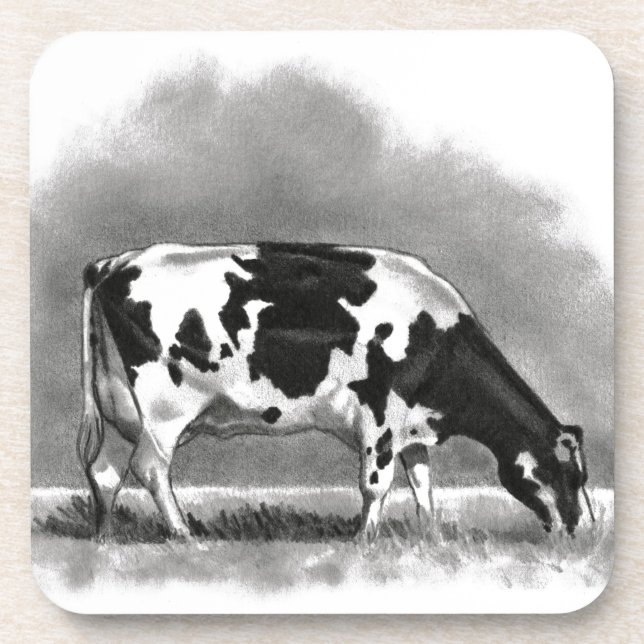 Holstein Cow Grazing: Realism Pencil Drawing Coaster (Front)