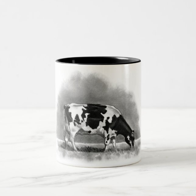 Holstein Cow Grazing: Realism Pencil Drawing Two-Tone Coffee Mug (Center)