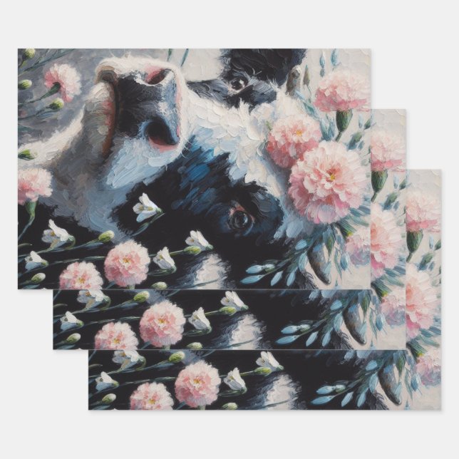 Holstein Cow in Flowers Farm Farmhouse Decoupage Wrapping Paper Sheet (Set)