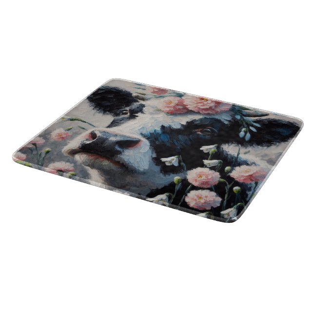 Holstein Cow in Flowers Farm Farmhouse Painting Cutting Board (Corner)