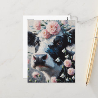 Holstein Cow in Flowers Farm Farmhouse Painting Postcard