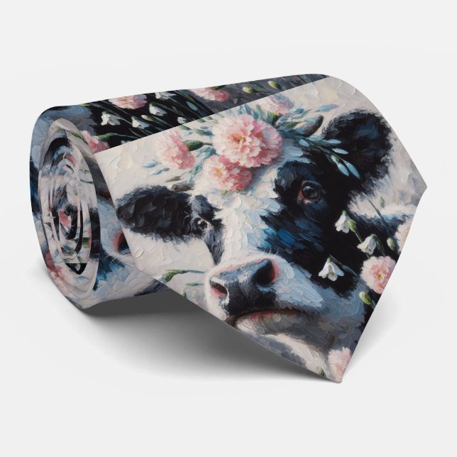 Holstein Cow in Flowers Farm Farmhouse Painting Tie (Rolled)