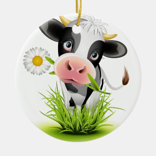 Holstein cow in grass ceramic tree decoration (Front)