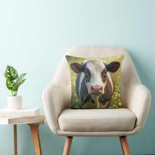 Holstein Cow In Green Pasture With Daisies Cushion