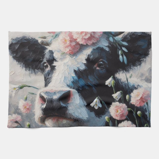 Holstein Cow in Pink Carnations Painting  Tea Towel (Horizontal)