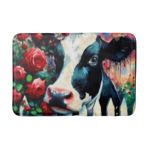 Holstein Cow Picket Fence Red Roses Black Red Bath Mat