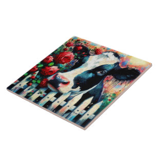 Holstein Cow Picket Fence Red Roses Black Red Ceramic Tile