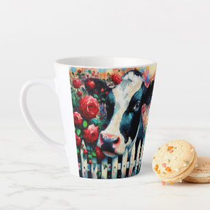Holstein Cow Picket Fence Red Roses Black Red Latte Mug