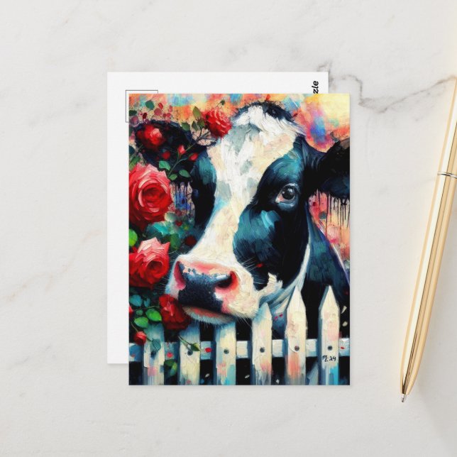 Holstein Cow Picket Fence Red Roses Black Red Postcard (Front/Back In Situ)