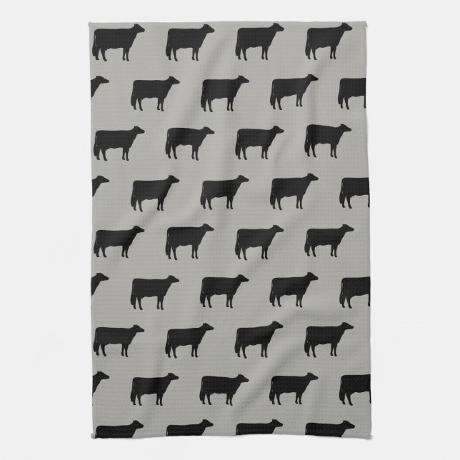 Holstein Cow Silhouettes Pattern Black and Grey Tea Towel (Vertical)