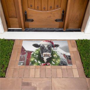 Holstein Cow Wearing a Christmas Wreath Doormat