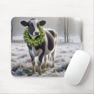 Holstein Cow Wearing Holiday Wreath Mouse Pad