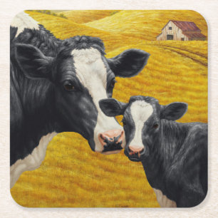 Holstein Cows and Old Wood Barn Square Paper Coaster