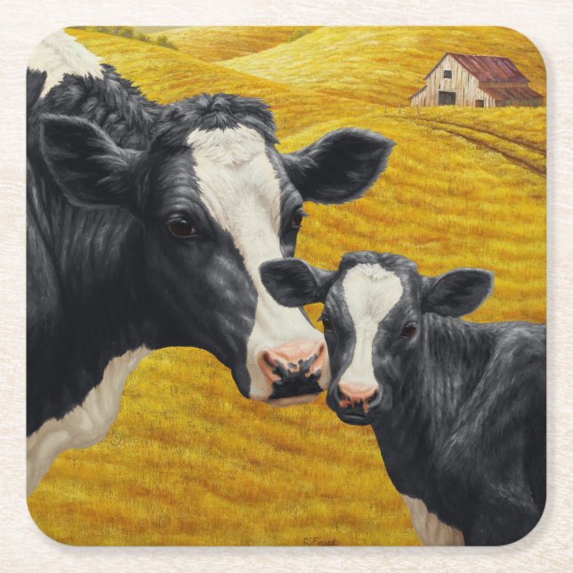 Holstein Cows and Old Wood Barn Square Paper Coaster (Front)