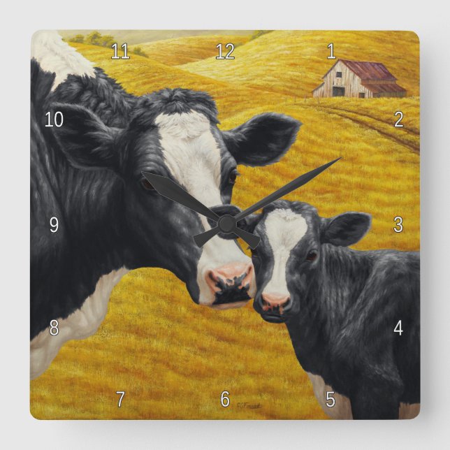 Holstein Cows and Old Wood Barn Square Wall Clock (Front)