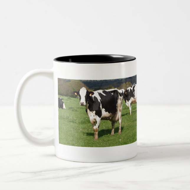 Holstein cows in a field in Brittany Two-Tone Coffee Mug (Left)
