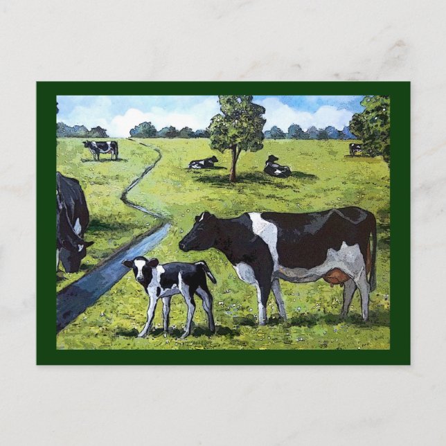 HOLSTEIN COWS IN PASTURE: Hand Painted Art Postcard (Front)