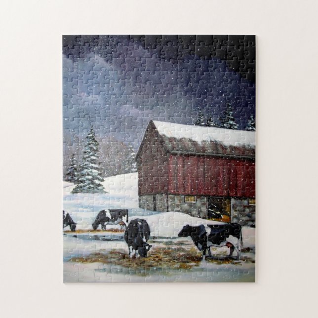 Holstein Cows in Snowy Barnyard: Original Painting Jigsaw Puzzle (Vertical)