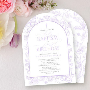 Holy Baptism & 1st Birthday Lilac Lavender Flowers Invitation