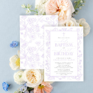 Holy Baptism & 1st Birthday Lilac Lavender Flowers Invitation