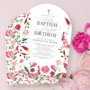 Holy Baptism & 1st Birthday Pink Floral Watercolor Invitation