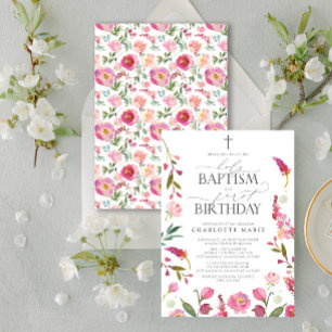 Holy Baptism & 1st Birthday Pink Floral Watercolor Invitation