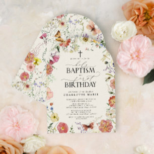 Holy Baptism & 1st Birthday Watercolor Floral Girl Invitation