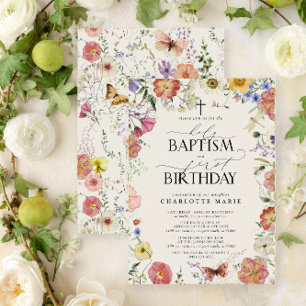 Holy Baptism & 1st Birthday Watercolor Floral Girl Invitation
