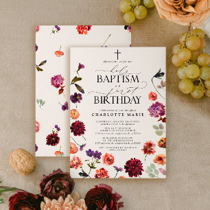 Holy Baptism & 1st Birthday Watercolor Floral Invitation