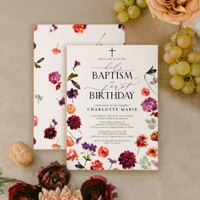 Holy Baptism & 1st Birthday Watercolor Floral Invitation (Easily personalize this sweet invitation with your unique details)