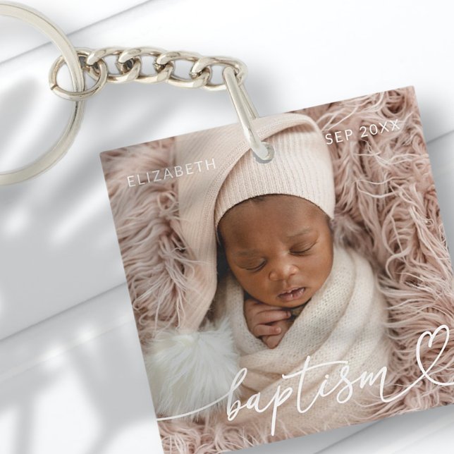 Holy Baptism Elegant Modern Chic Heart Baby Photo Key Ring (Creator Uploaded)