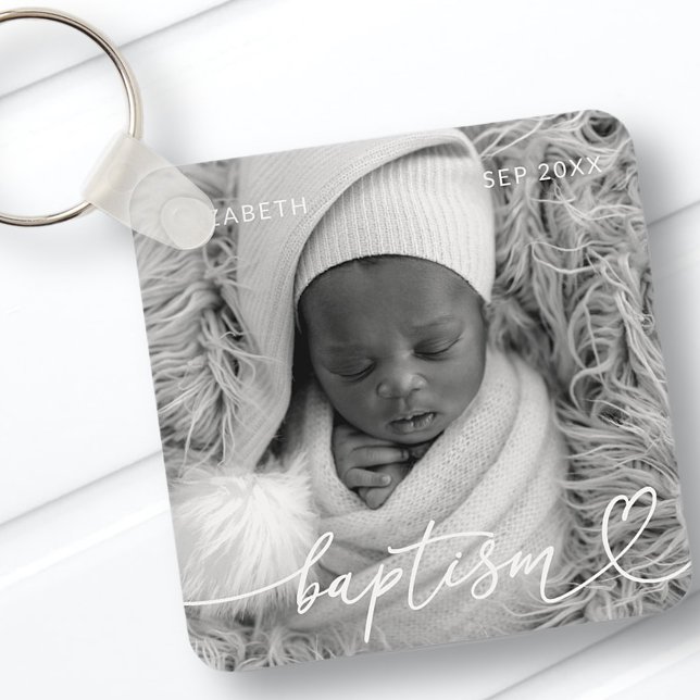 Holy Baptism Elegant Modern Chic Heart Baby Photo Key Ring (Creator Uploaded)