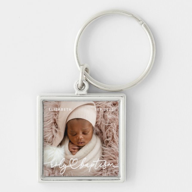 Holy Baptism Modern Elegant Chic Heart Baby Photo Key Ring (Front)