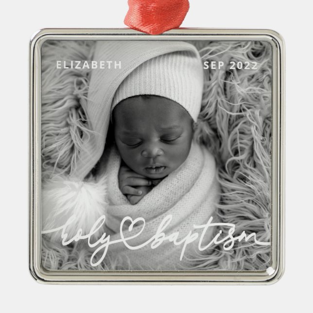 Holy Baptism Modern Elegant Chic Heart Baby Photo Metal Ornament (Front)