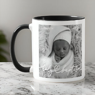 Holy Baptism Modern Elegant Chic Heart Baby Photo Mug