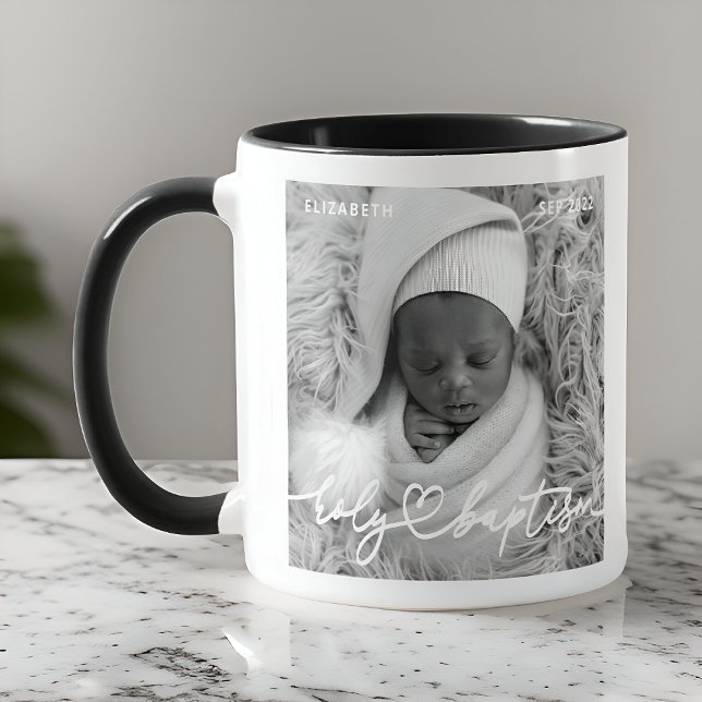 Holy Baptism Modern Elegant Chic Heart Baby Photo Mug (Creator Uploaded)