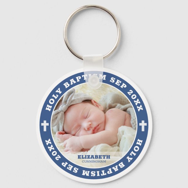 Holy Baptism Modern White Cross Custom Photo Key Ring (Front)