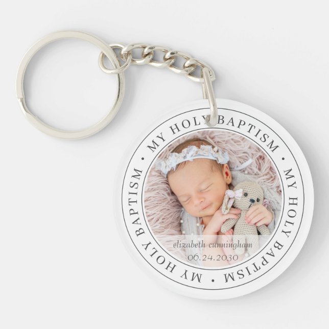 Holy Baptism Simple Frame Modern Custom Photo Key Ring (Front)