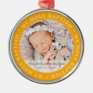 Holy Baptism Simple Frame Modern Custom Photo Meta Metal Ornament