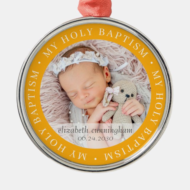 Holy Baptism Simple Frame Modern Custom Photo Meta Metal Ornament (Front)