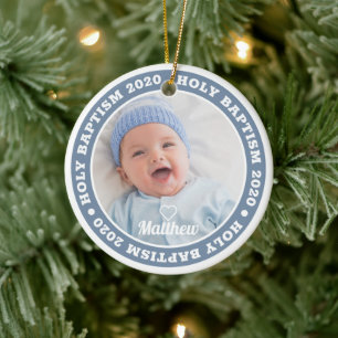 Holy Baptism Simple Modern Custom Photo Keepsake Ceramic Ornament