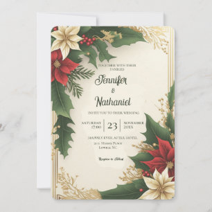 Holy Berries Red Green Gold Christmas Wedding Invitation