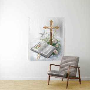 Holy Bible and Golden Cross Tapestry