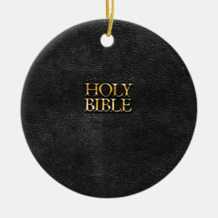Holy Bible Christian Religion Faux Black Leather Ceramic Ornament